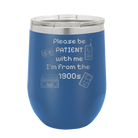 Personalized royal blue 12 oz vacuum insulated wine cup with etched '1900s' design