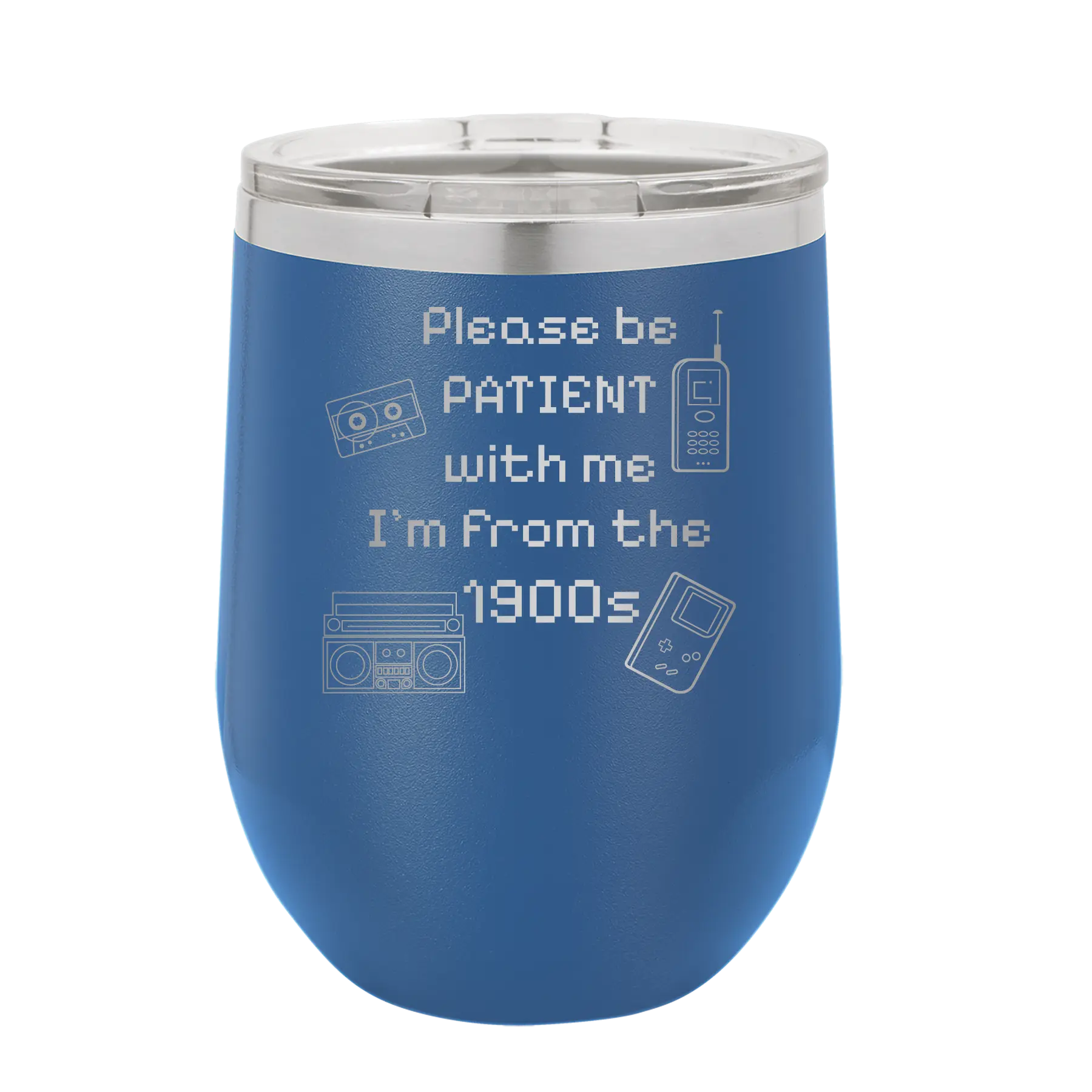 Personalized royal blue 12 oz vacuum insulated wine cup with etched '1900s' design