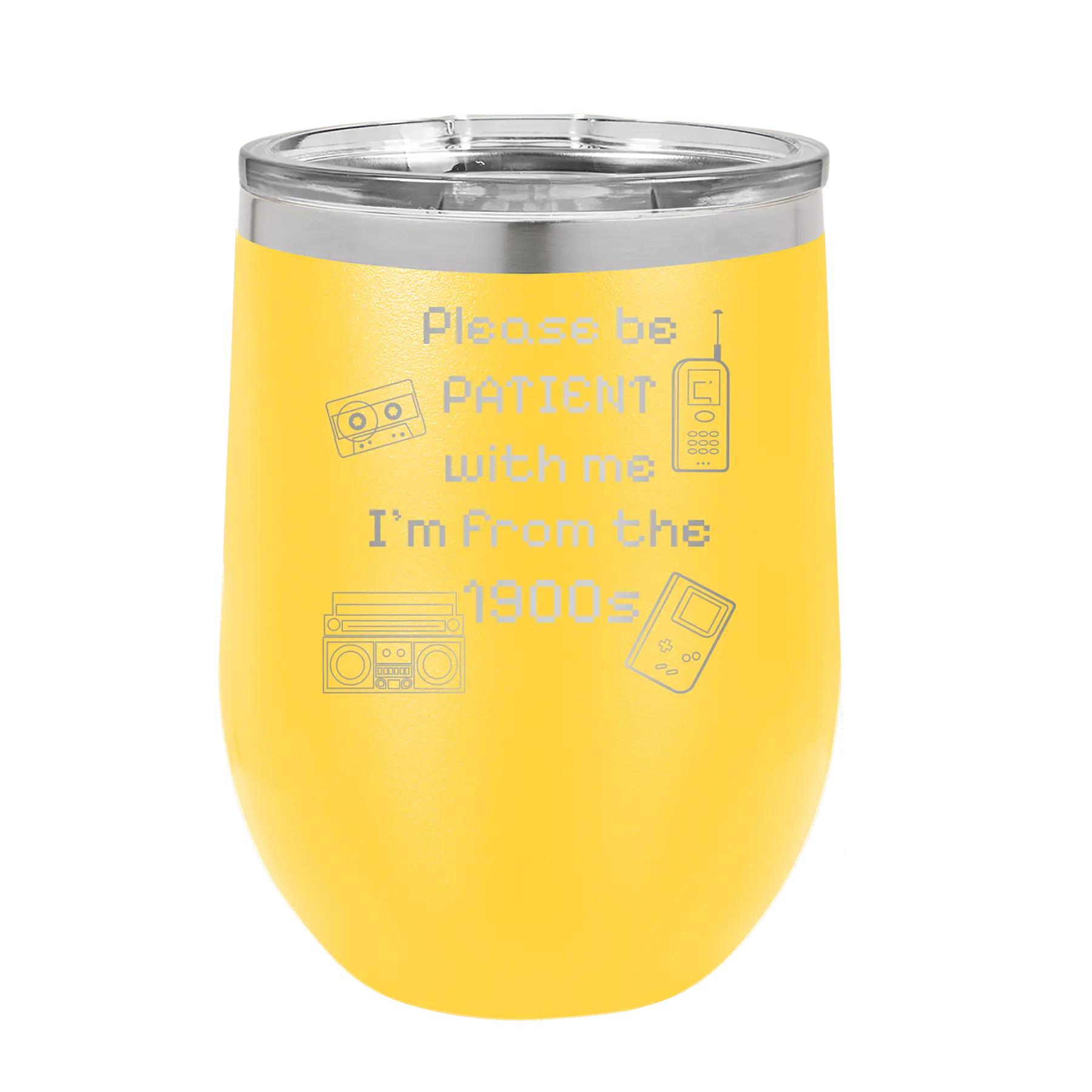 Personalized yellow 12 oz vacuum insulated wine cup with etched '1900s' design