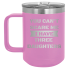 Personalized light purple 15 oz vacuum insulated coffee mug with etched 'You Cant Scare Me' design