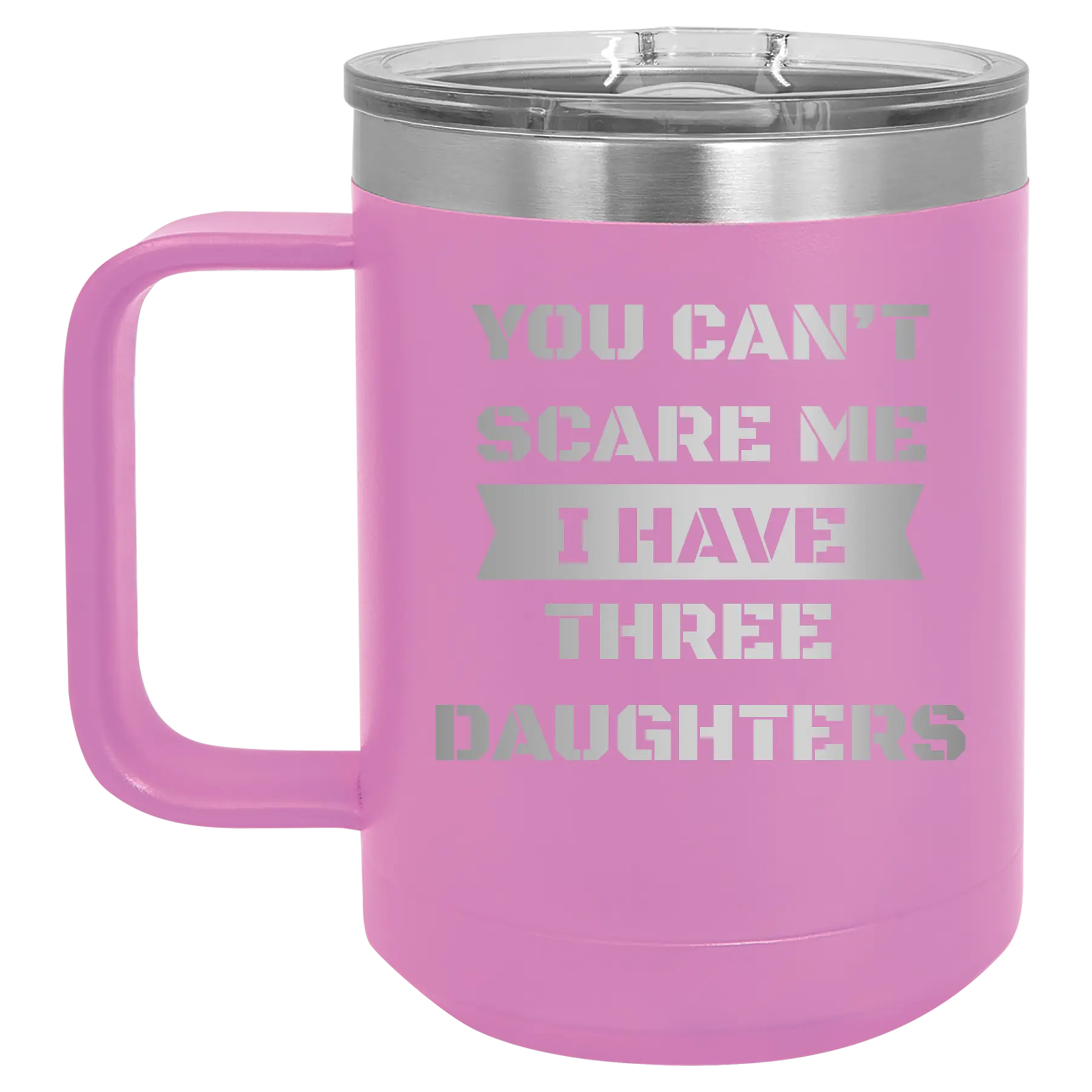 Personalized light purple 15 oz vacuum insulated coffee mug with etched 'You Cant Scare Me' design