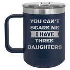 Personalized navy 15 oz vacuum insulated coffee mug with etched 'You Cant Scare Me' design