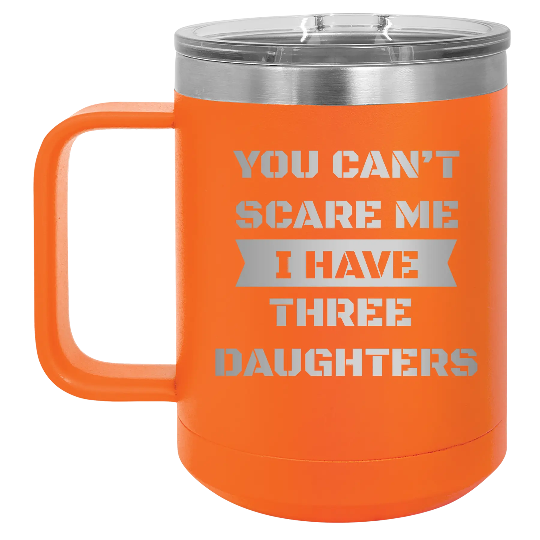 Personalized orange 15 oz vacuum insulated coffee mug with etched 'You Cant Scare Me' design