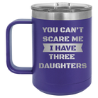 Personalized purple 15 oz vacuum insulated coffee mug with etched 'You Cant Scare Me' design