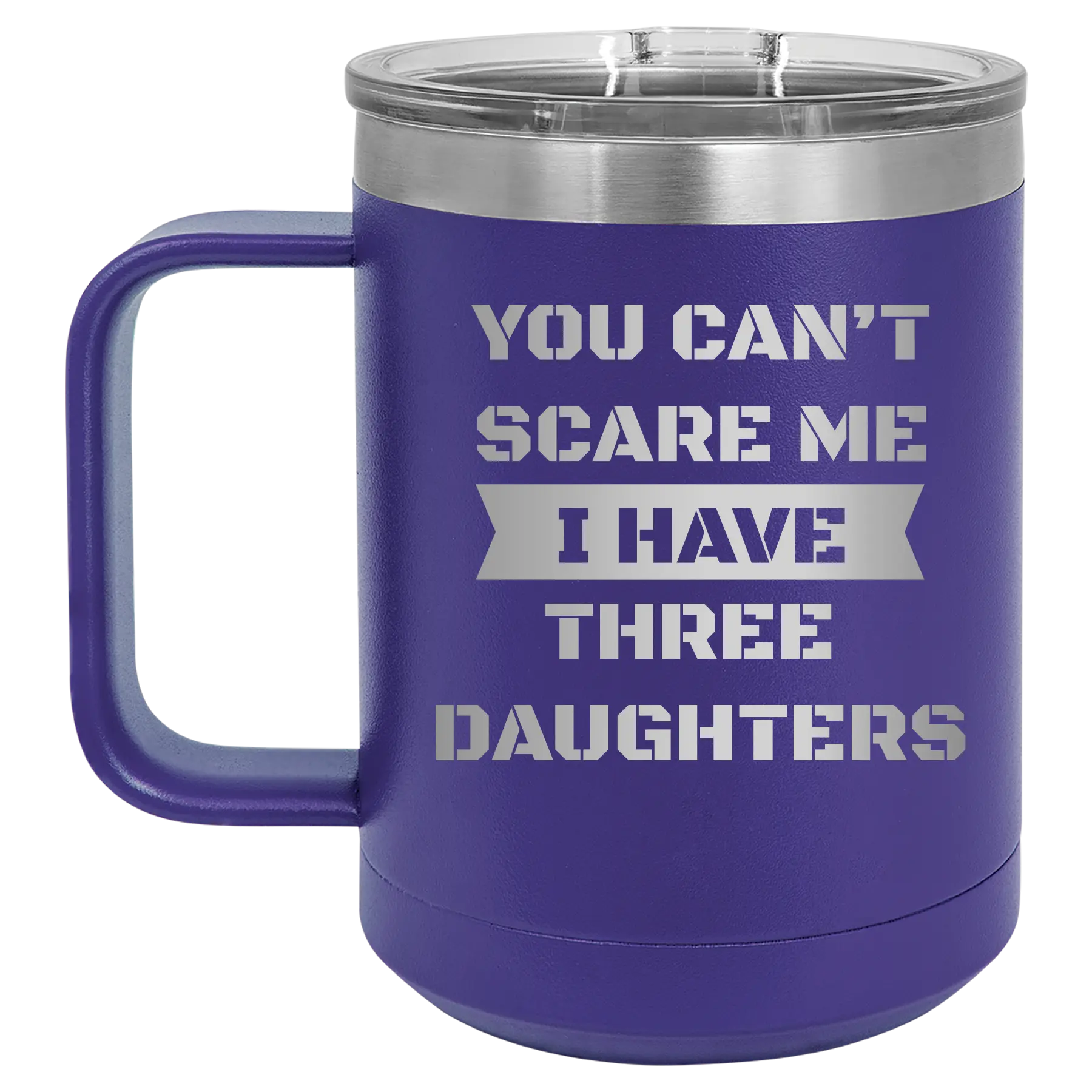 Personalized purple 15 oz vacuum insulated coffee mug with etched 'You Cant Scare Me' design