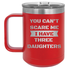 Personalized red 15 oz vacuum insulated coffee mug with etched 'You Cant Scare Me' design