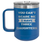 Personalized royal blue 15 oz vacuum insulated coffee mug with etched 'You Cant Scare Me' design