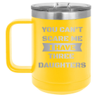 Personalized yellow 15 oz vacuum insulated coffee mug with etched 'You Cant Scare Me' design