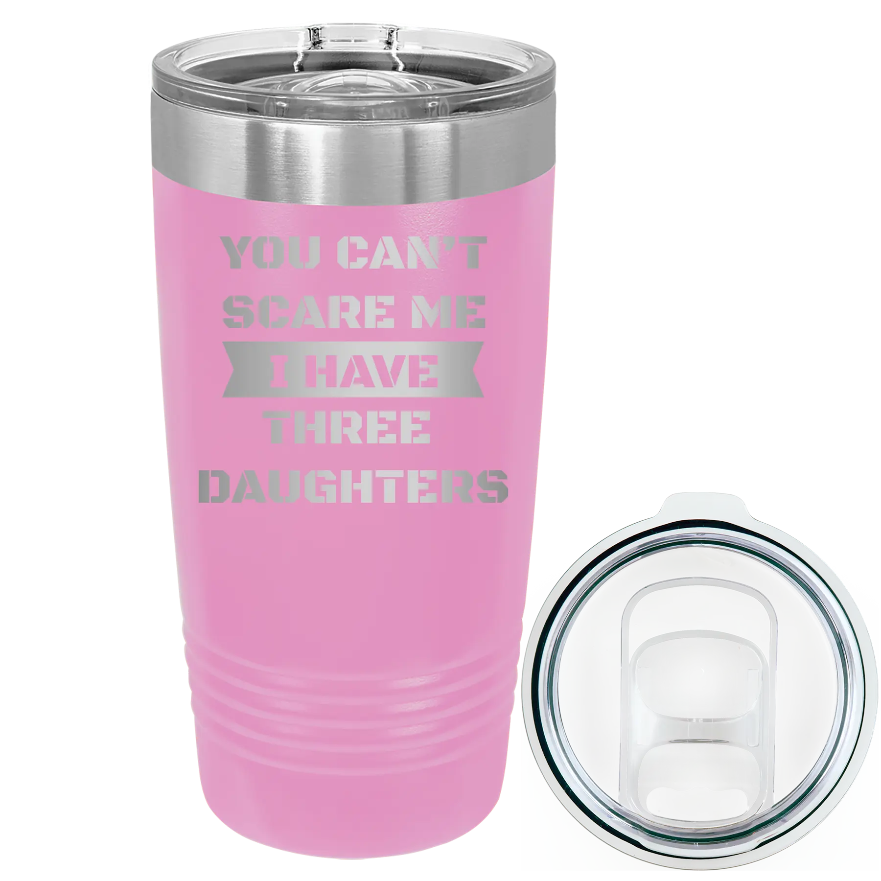 Laser etched light purple 20 oz vacuum insulated tumbler with 'You Cant Scare Me' design