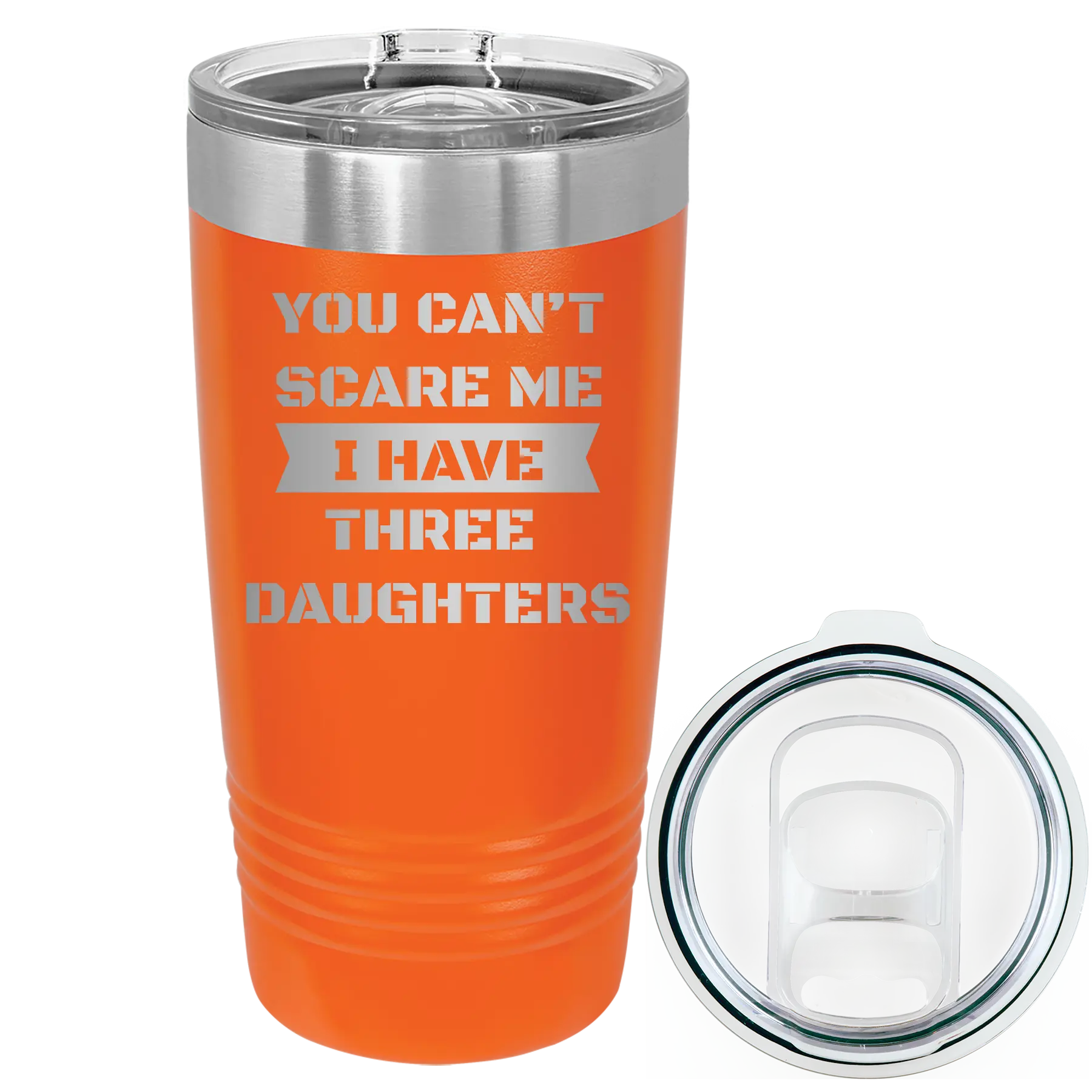Laser etched orange 20 oz vacuum insulated tumbler with 'You Cant Scare Me' design