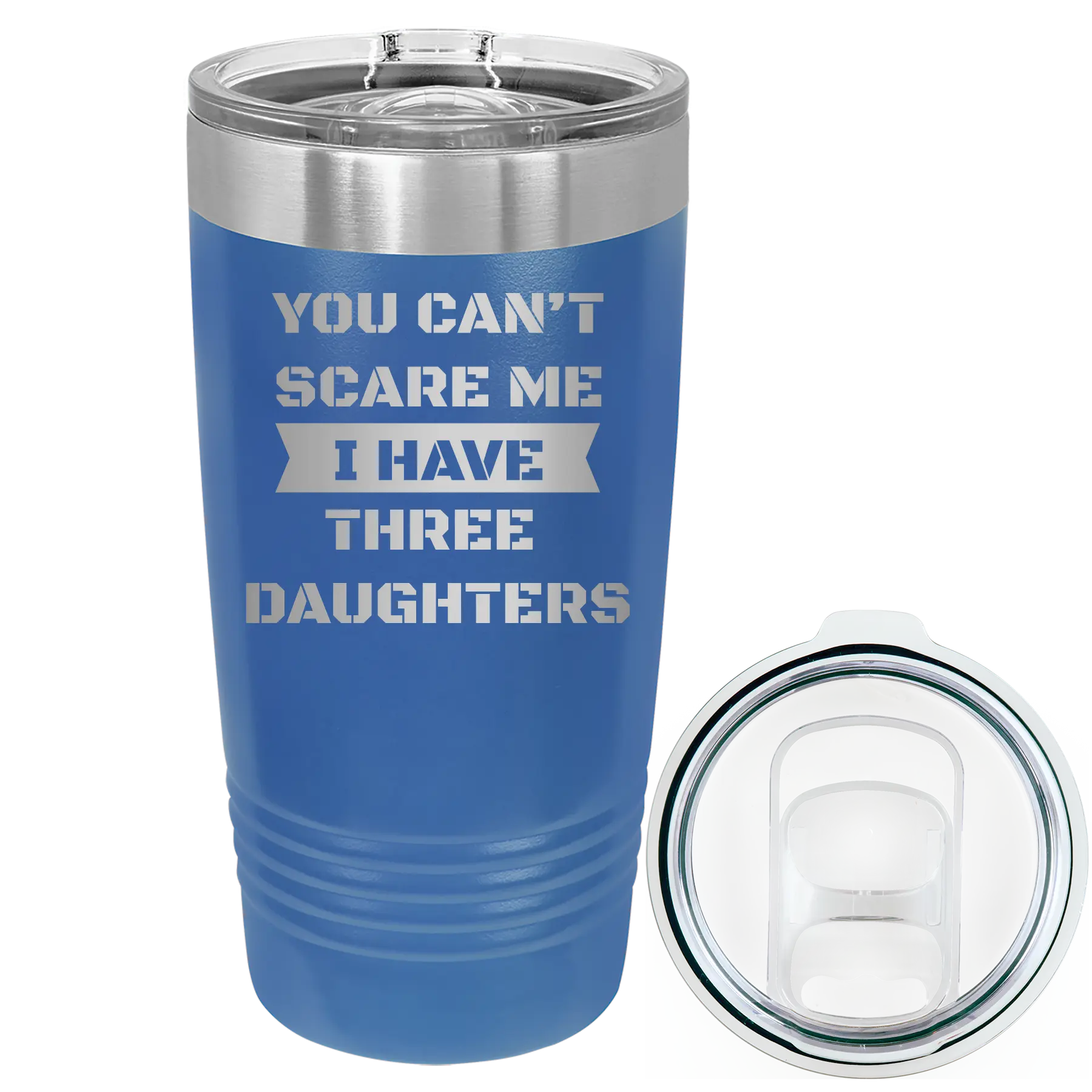 Laser etched royal blue 20 oz vacuum insulated tumbler with 'You Cant Scare Me' design