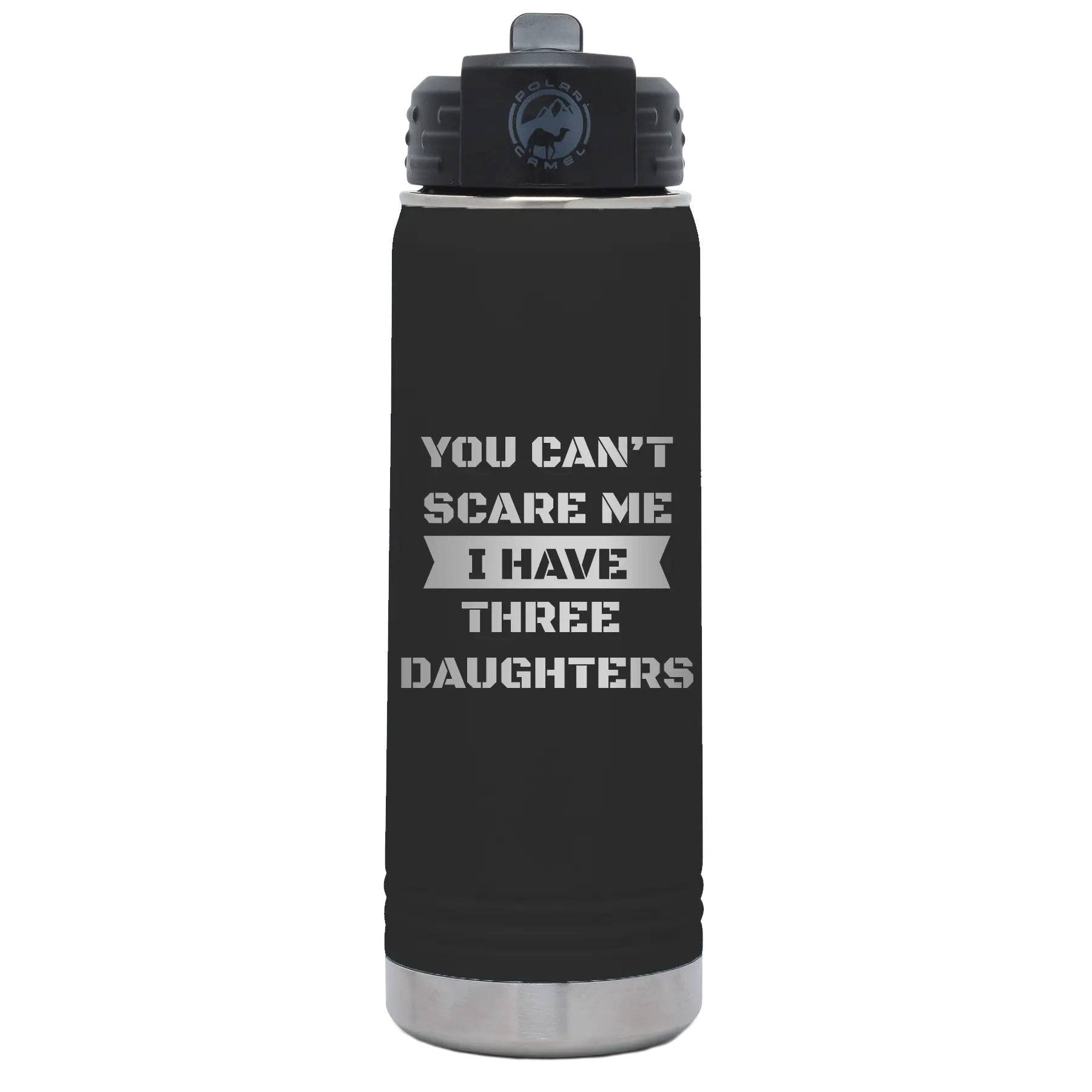 Laser etched black 20 oz vacuum insulated water bottle with 'You Cant Scare Me' design