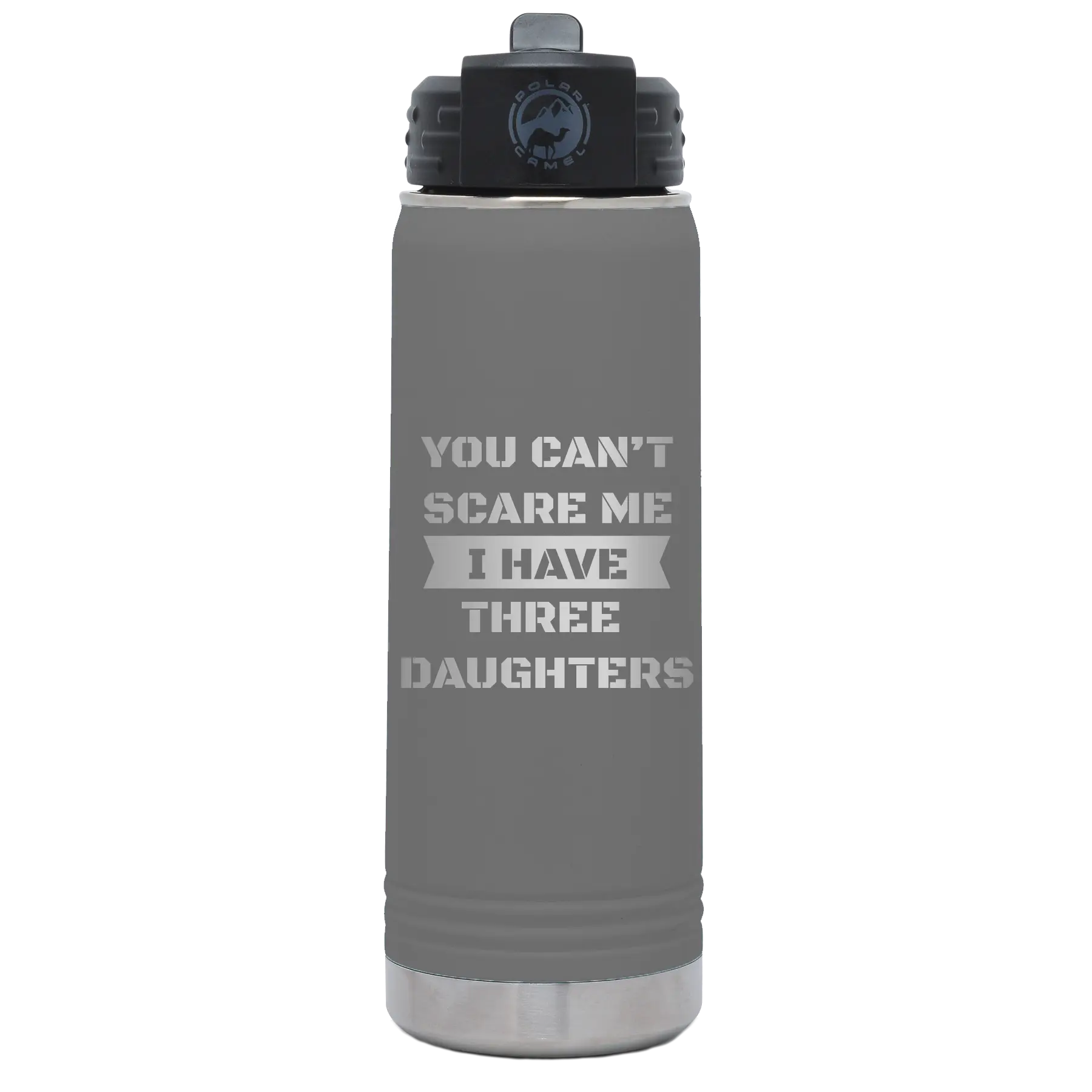 Laser etched dark gray 20 oz vacuum insulated water bottle with 'You Cant Scare Me' design