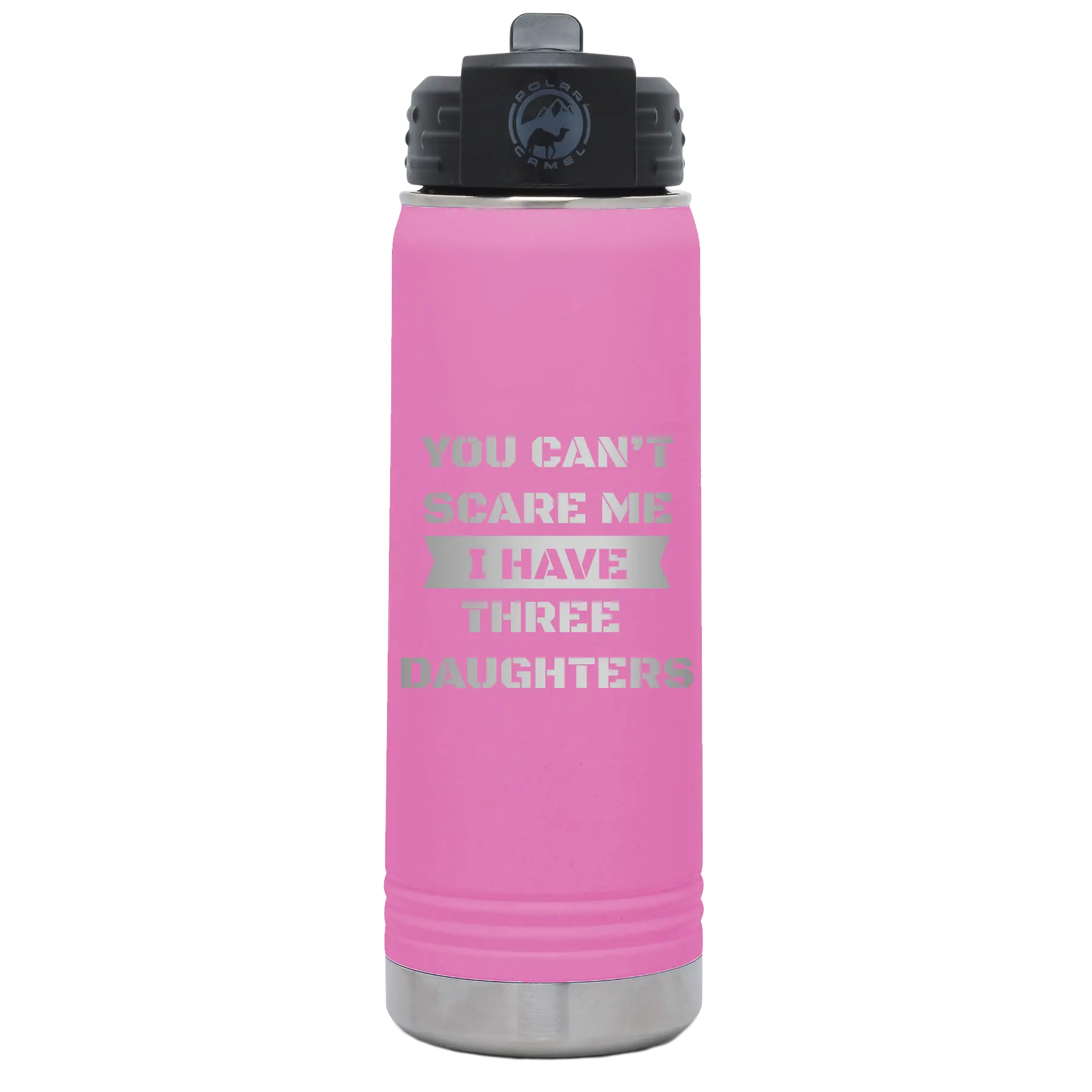 Laser etched light purple 20 oz vacuum insulated water bottle with 'You Cant Scare Me' design