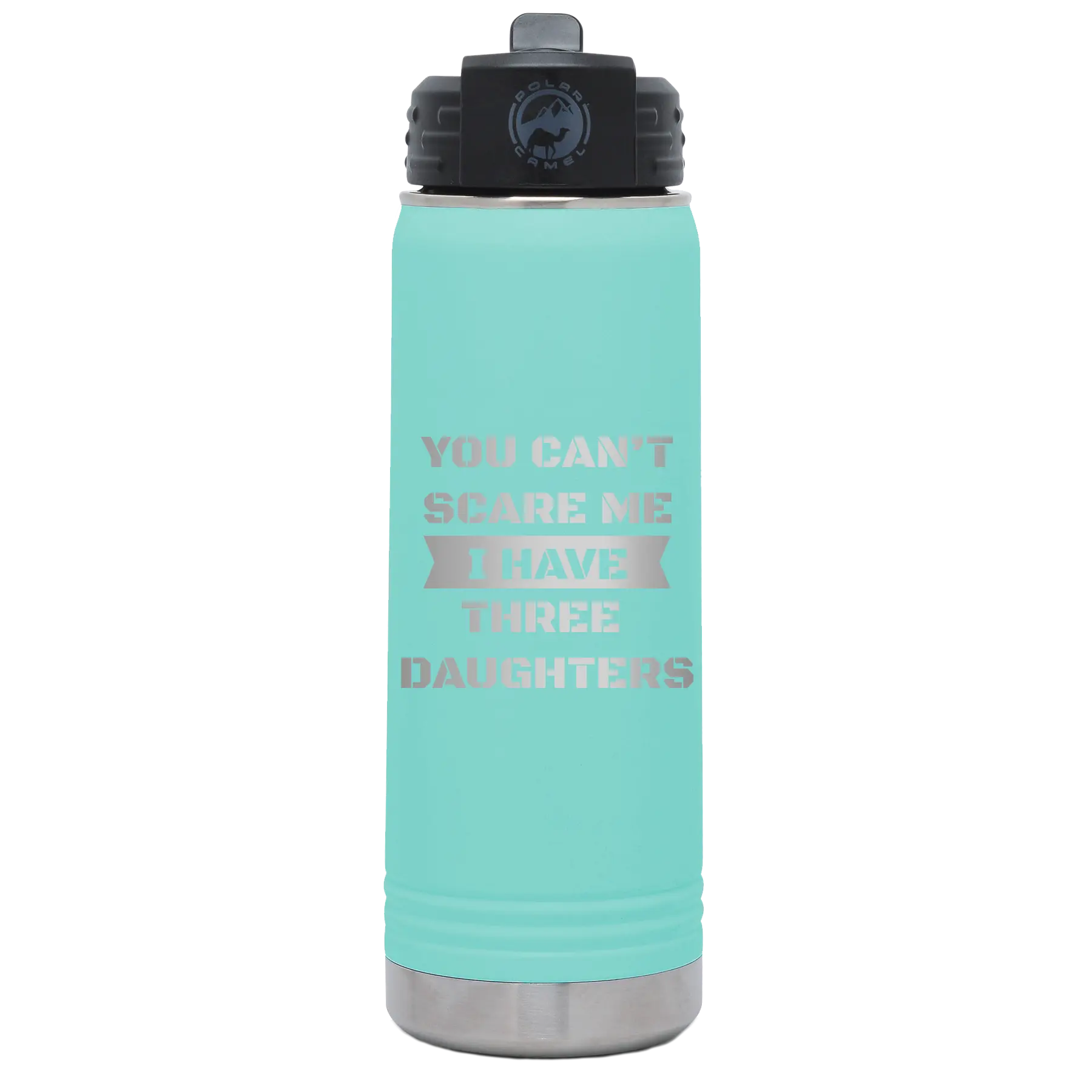 Laser etched teal 20 oz vacuum insulated water bottle with 'You Cant Scare Me' design