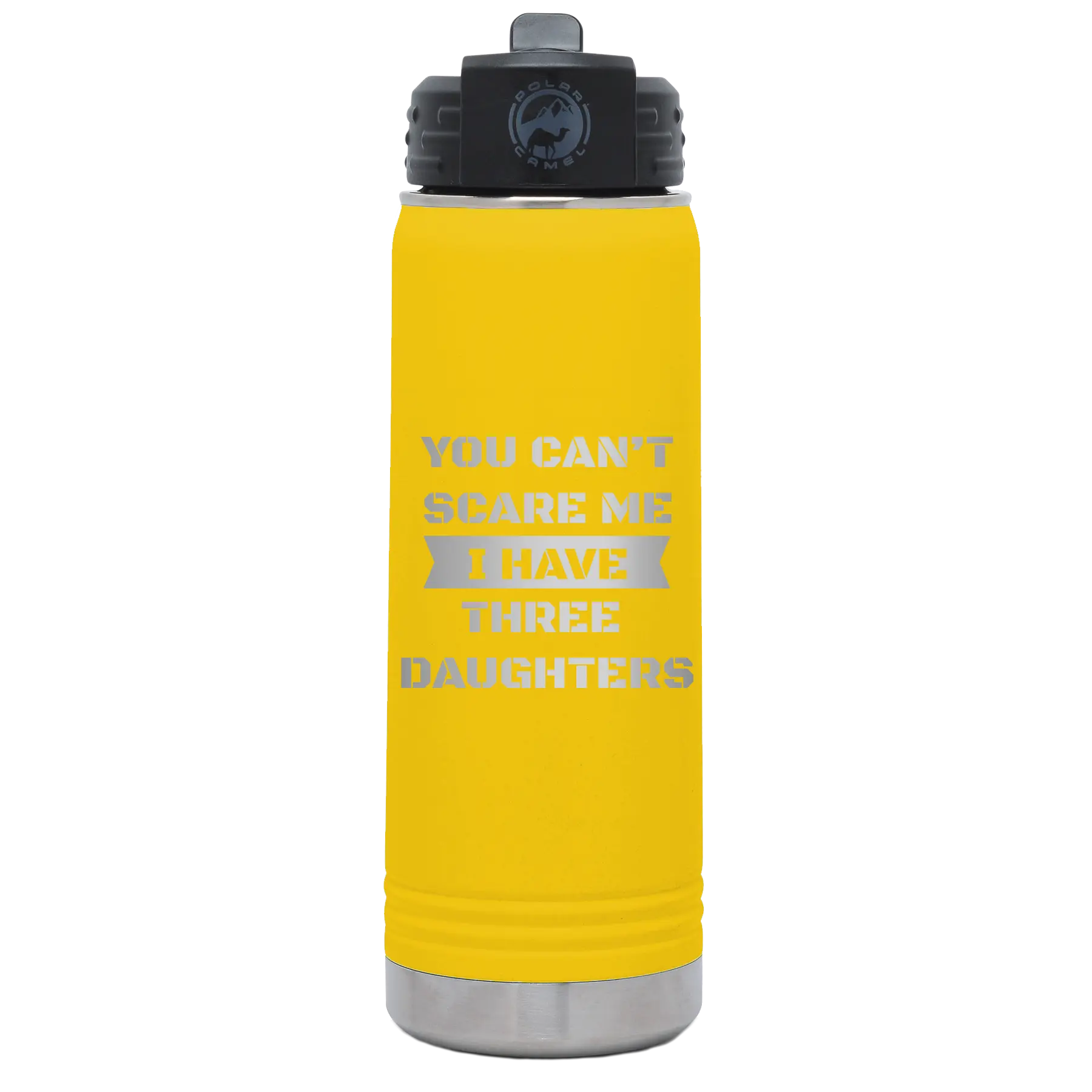 Laser etched yellow 20 oz vacuum insulated water bottle with 'You Cant Scare Me' design