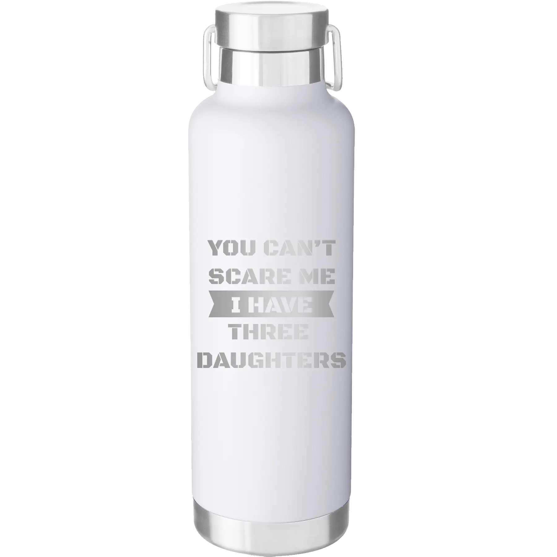Laser etched white 24 oz vacuum insulated water bottle with 'You Cant Scare Me' design