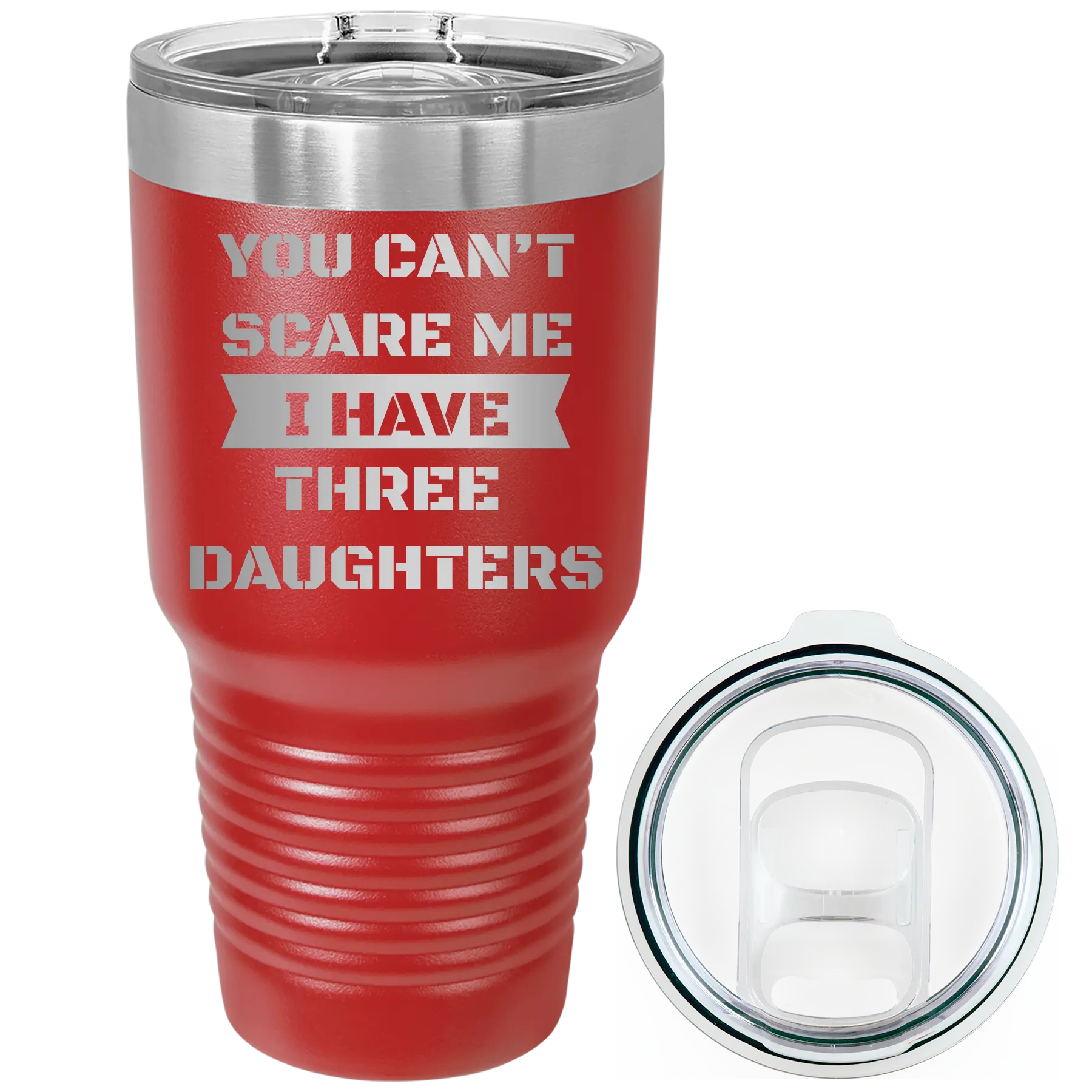 Laser etched red 30 oz vacuum insulated tumbler with 'You Cant Scare Me' design