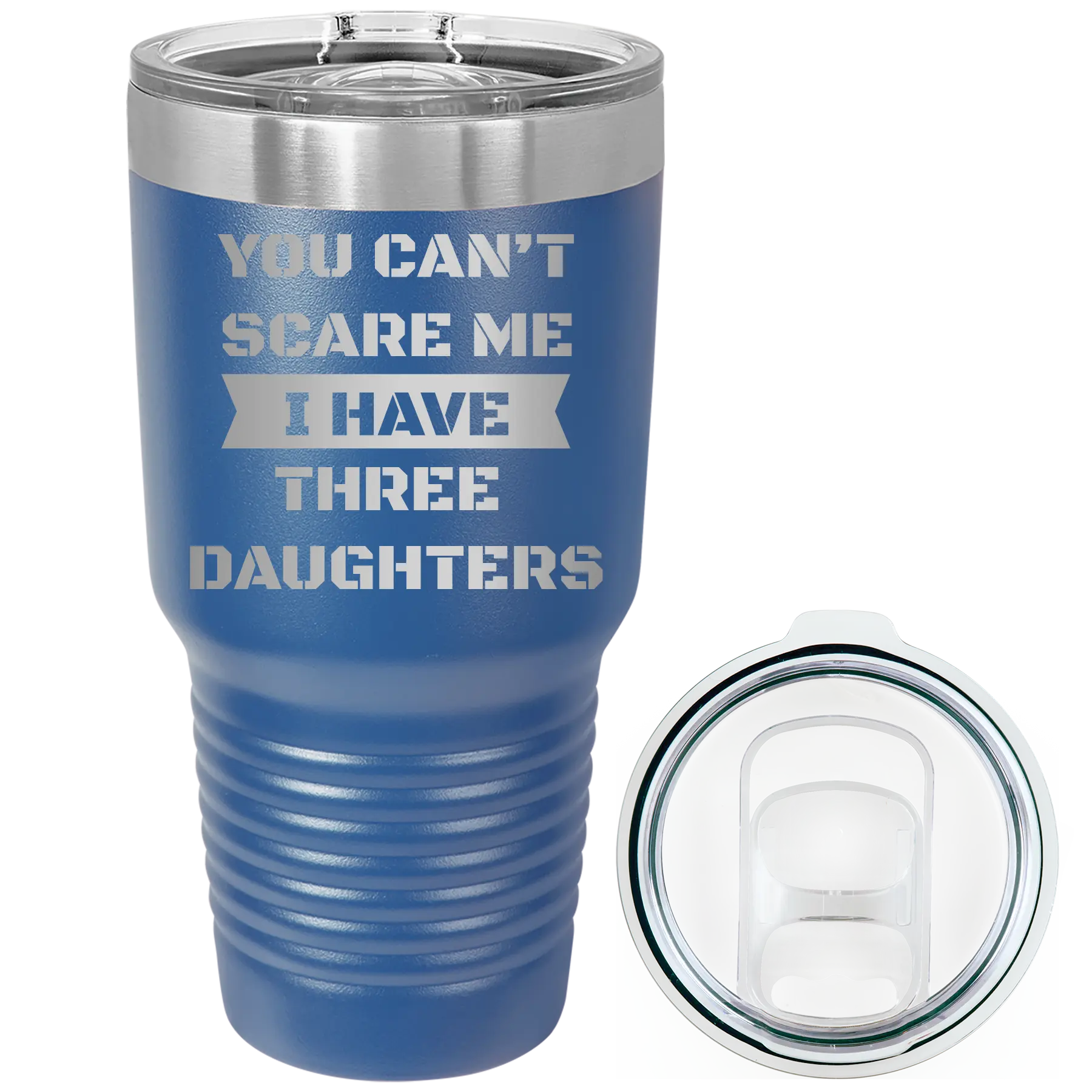 Laser etched royal blue 30 oz vacuum insulated tumbler with 'You Cant Scare Me' design