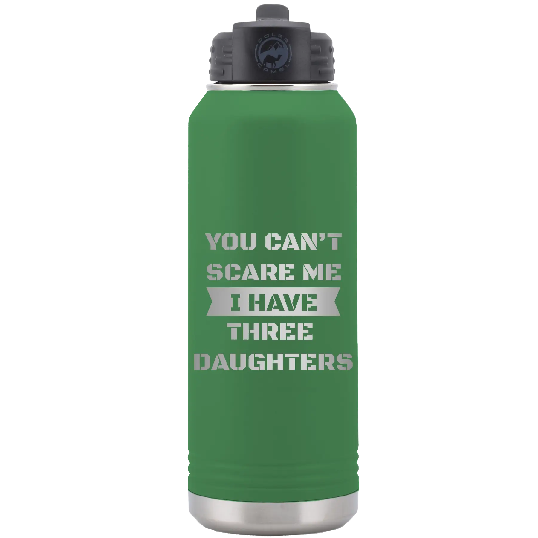 Laser etched green 32 oz vacuum insulated water bottle with 'You Cant Scare Me' design