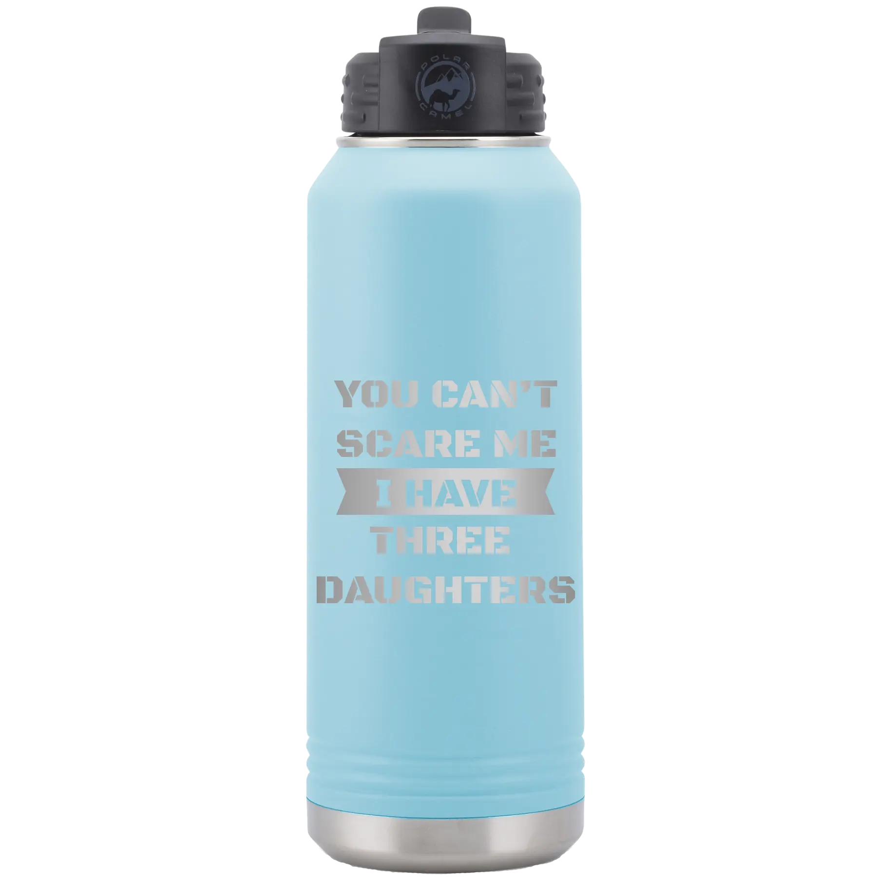Laser etched light blue 32 oz vacuum insulated water bottle with 'You Cant Scare Me' design