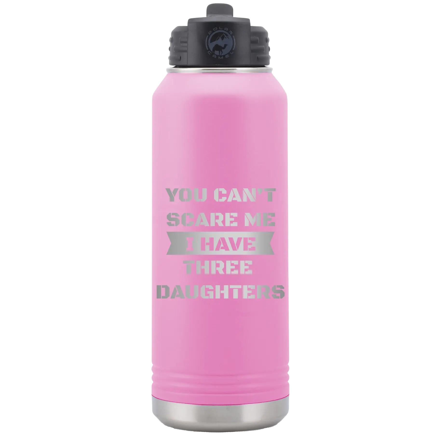 Laser etched light purple 32 oz vacuum insulated water bottle with 'You Cant Scare Me' design