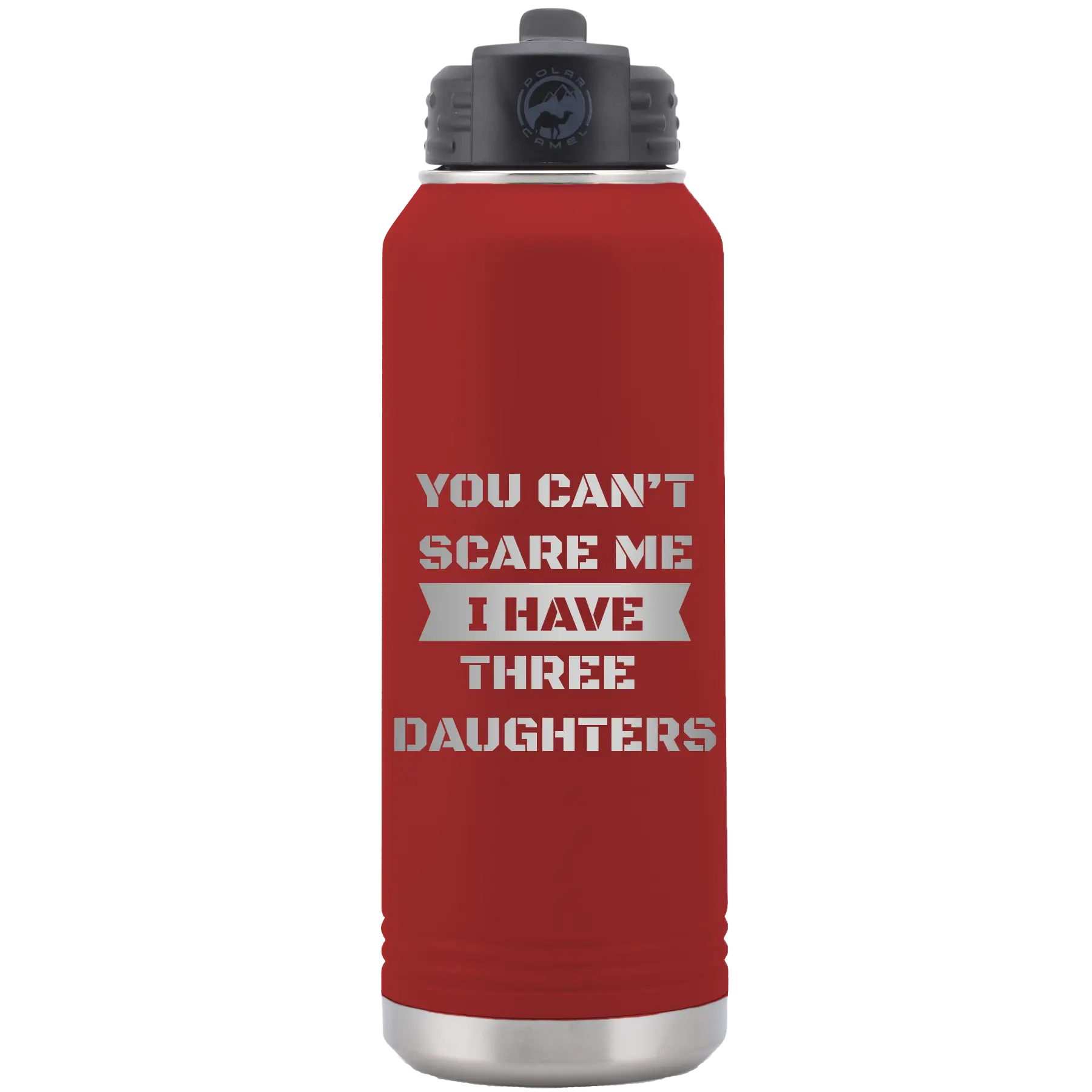 Laser etched maroon 32 oz vacuum insulated water bottle with 'You Cant Scare Me' design