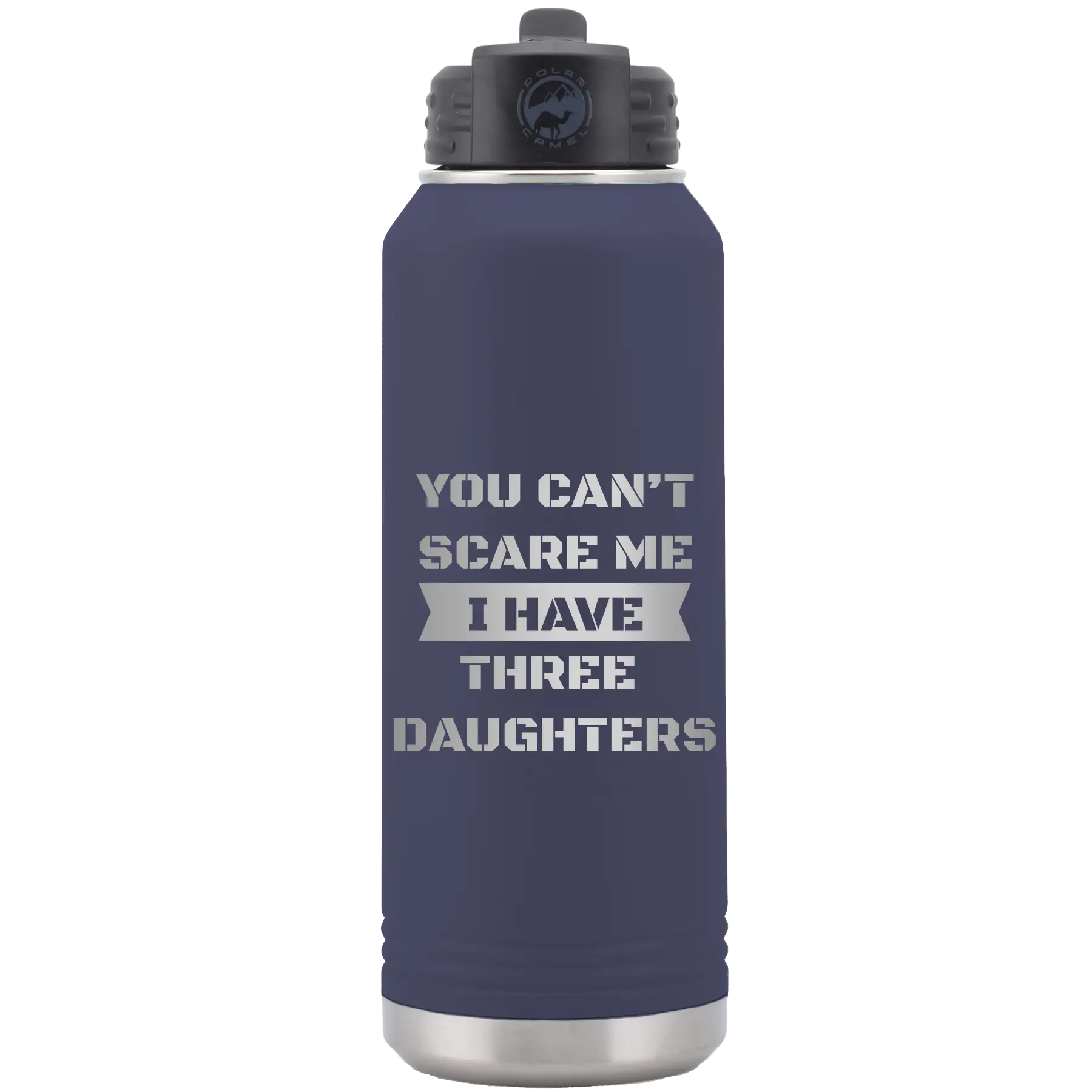 Laser etched navy 32 oz vacuum insulated water bottle with 'You Cant Scare Me' design