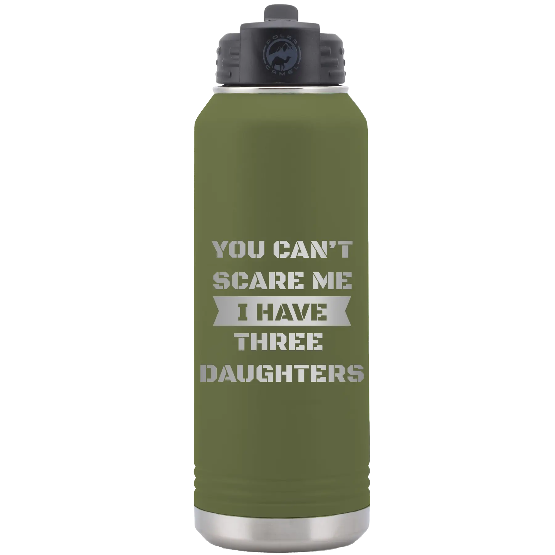 Laser etched olive green 32 oz vacuum insulated water bottle with 'You Cant Scare Me' design