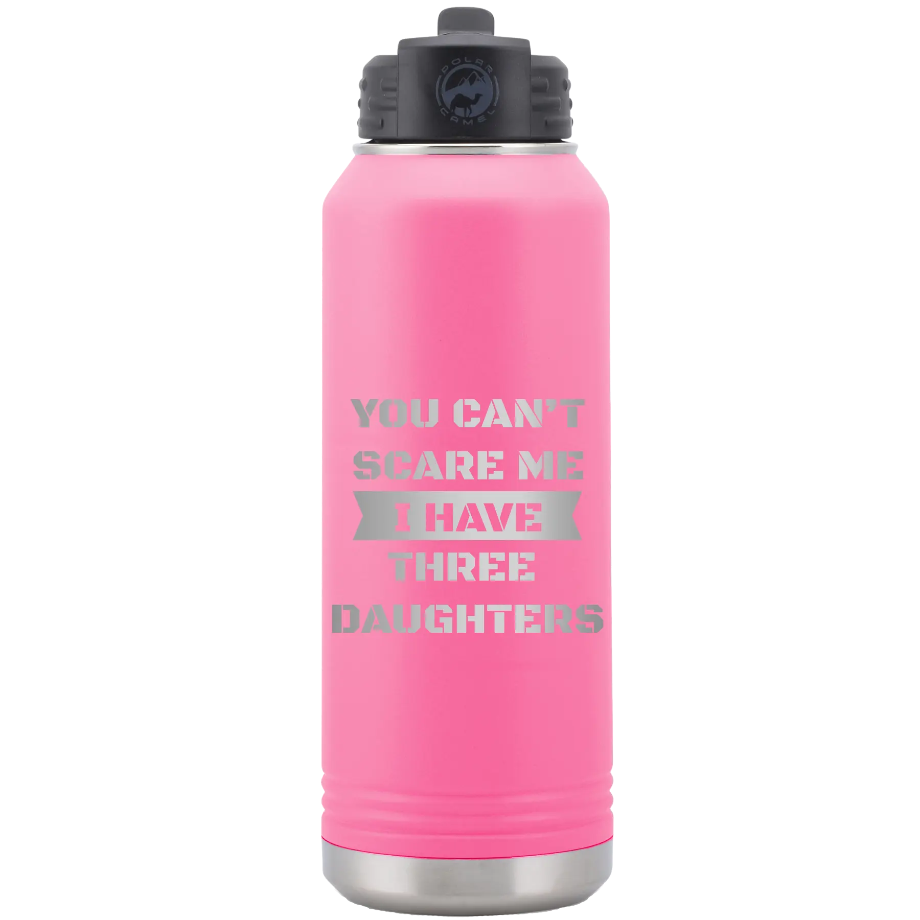 Laser etched pink 32 oz vacuum insulated water bottle with 'You Cant Scare Me' design