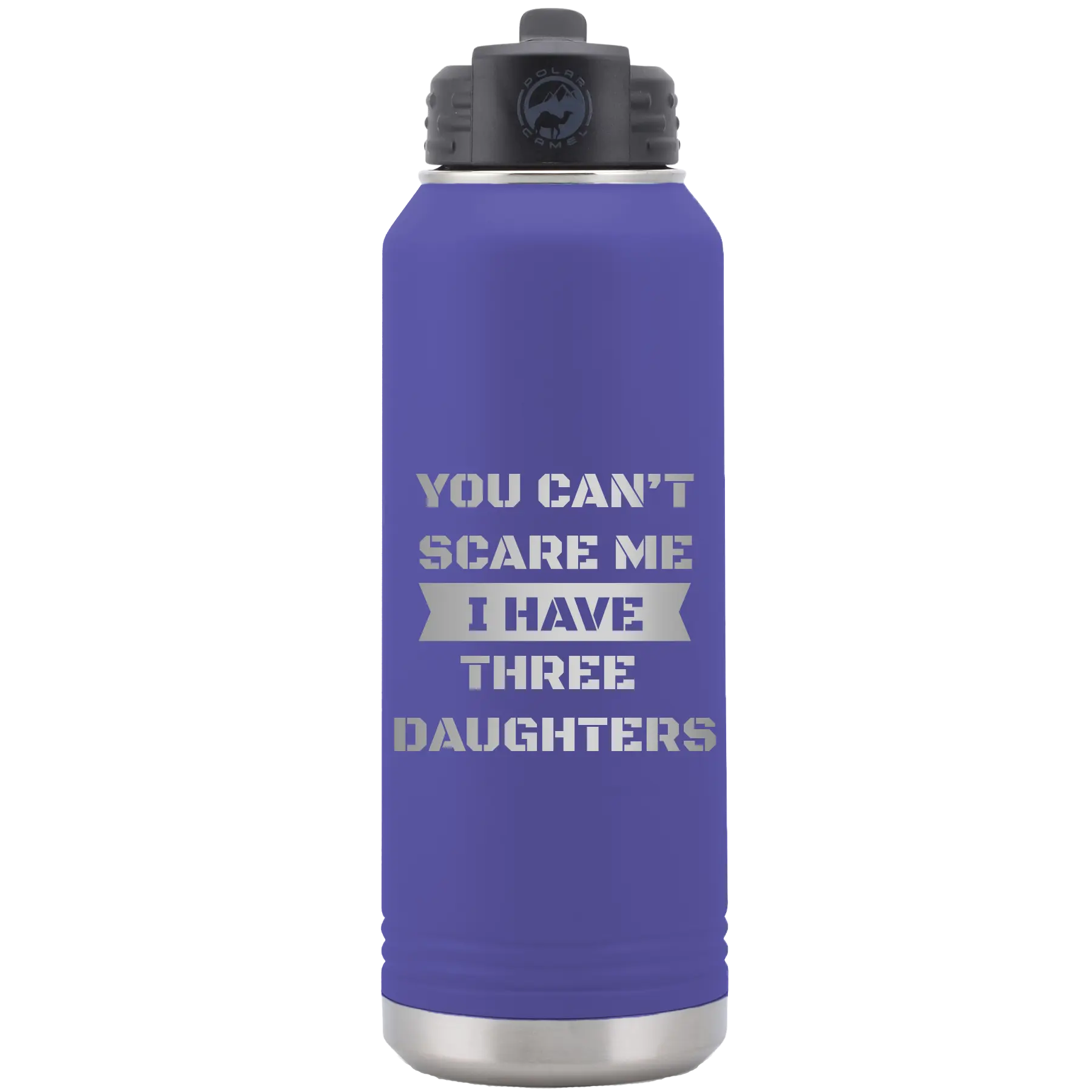 Laser etched purple 32 oz vacuum insulated water bottle with 'You Cant Scare Me' design
