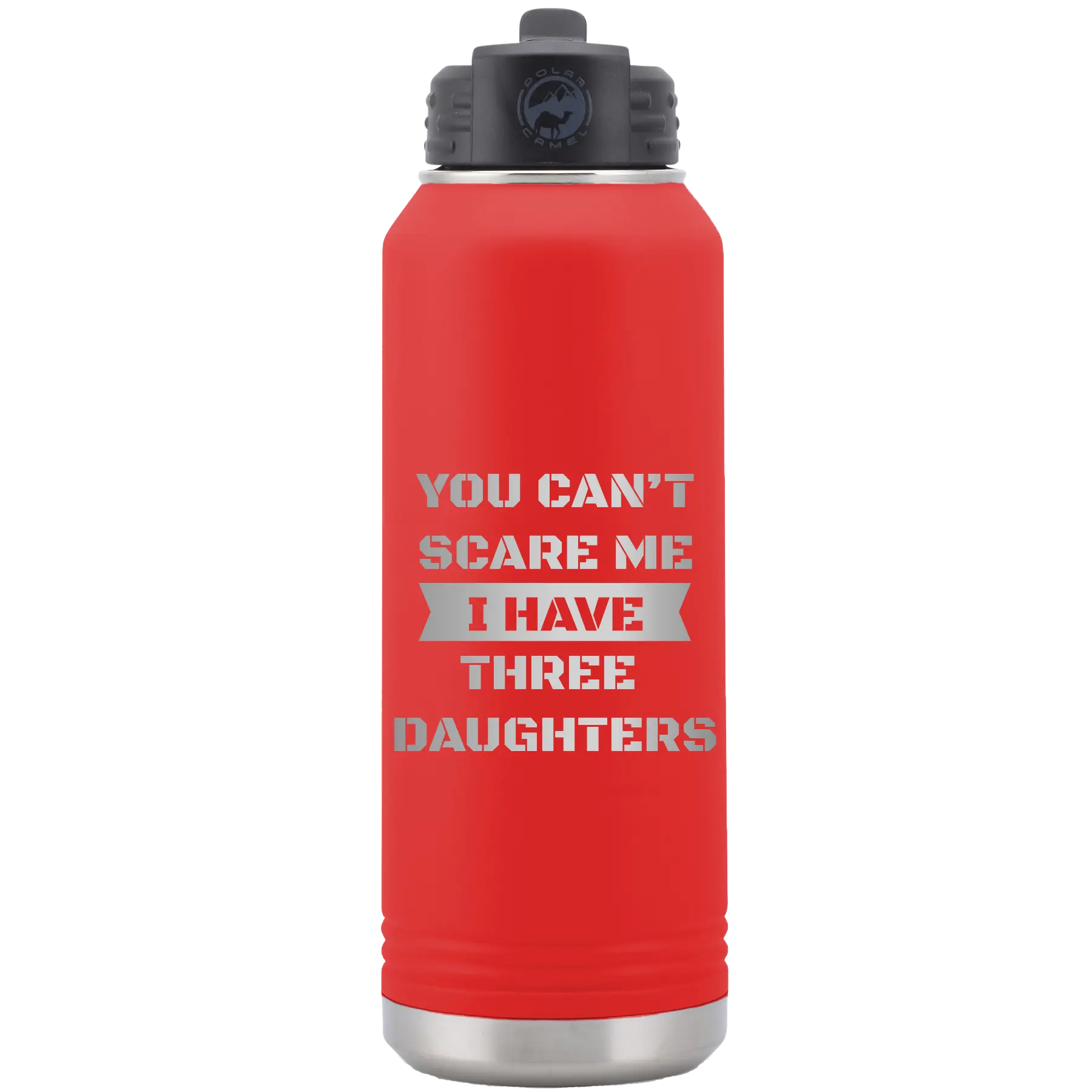 Laser etched red 32 oz vacuum insulated water bottle with 'You Cant Scare Me' design