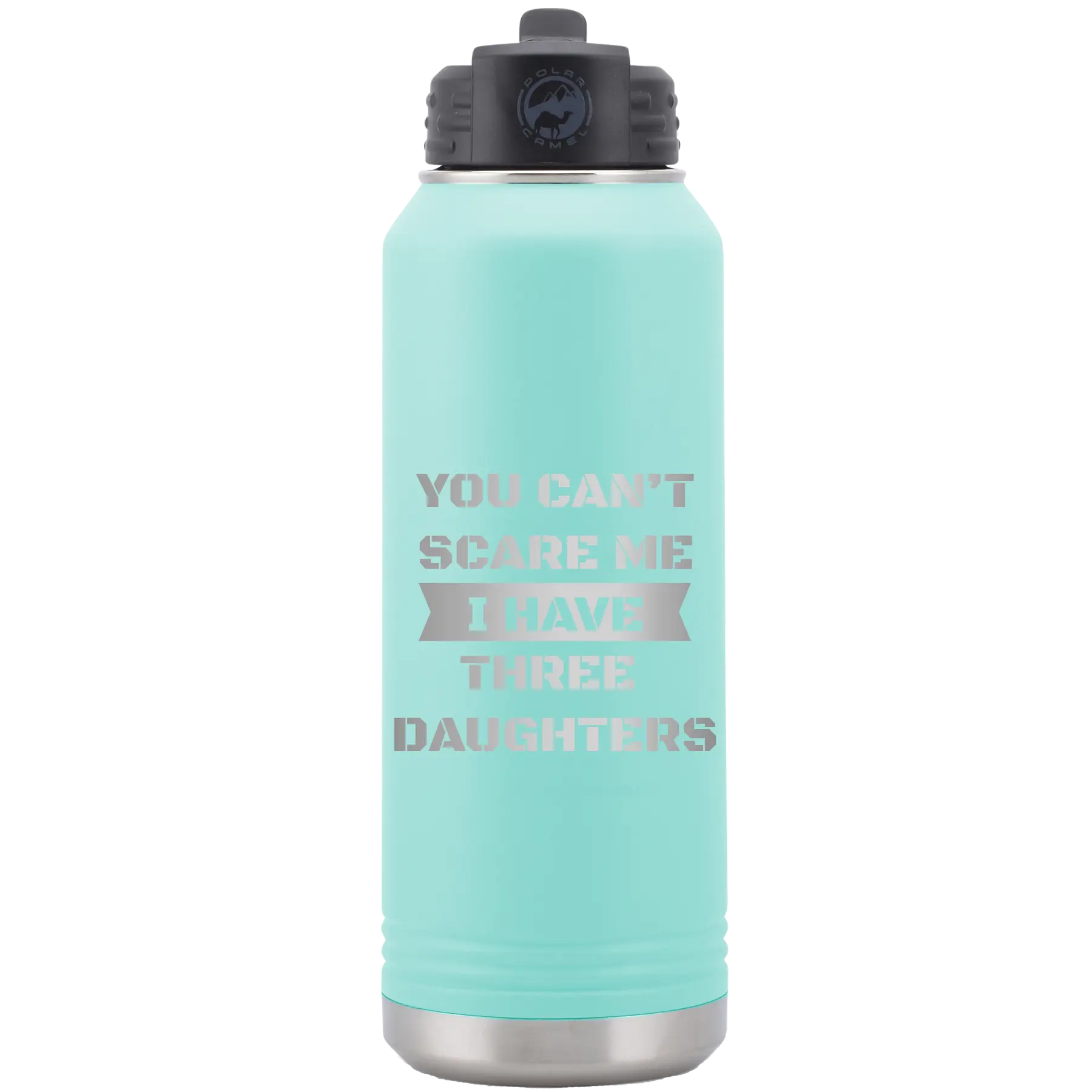 Laser etched teal 32 oz vacuum insulated water bottle with 'You Cant Scare Me' design