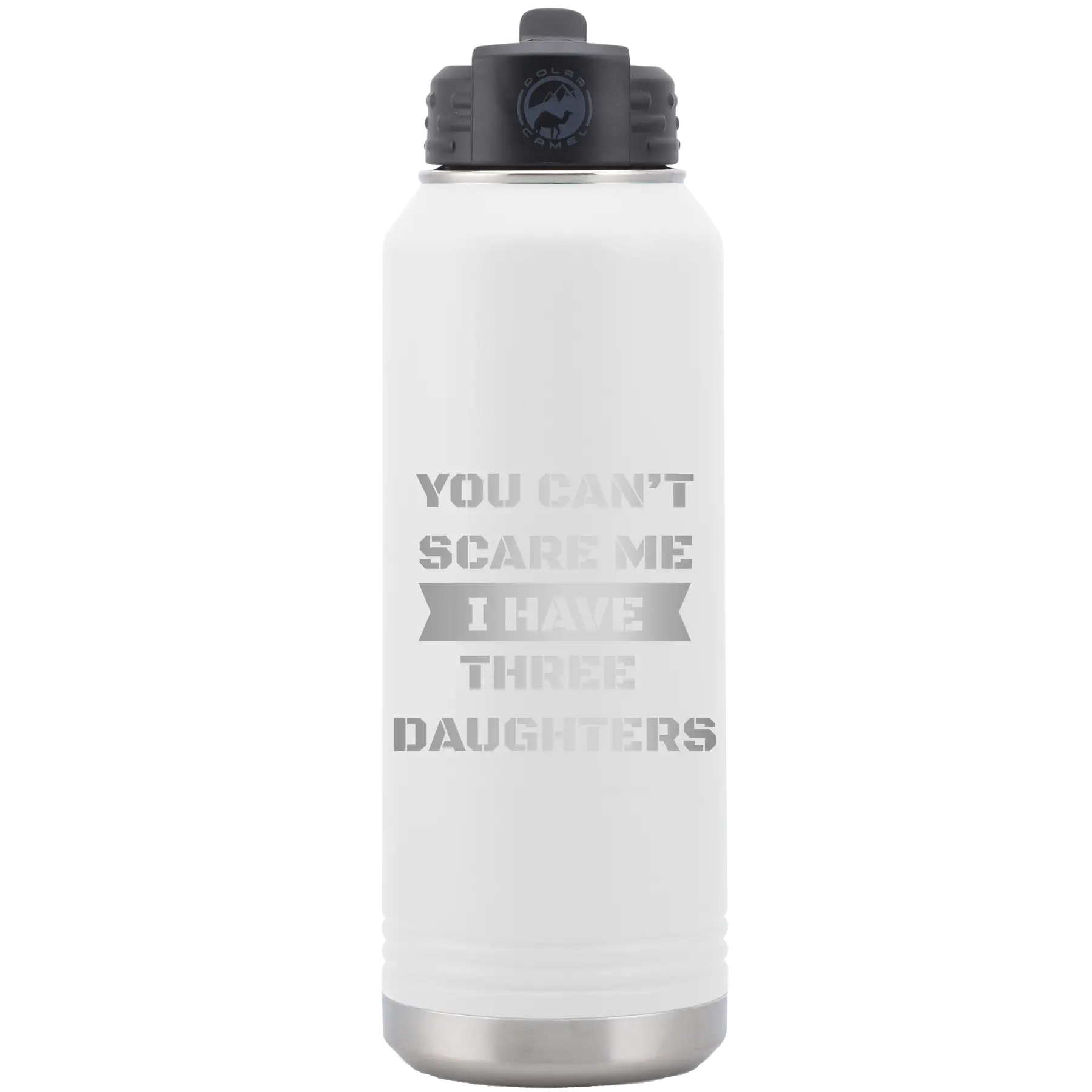 Laser etched white 32 oz vacuum insulated water bottle with 'You Cant Scare Me' design