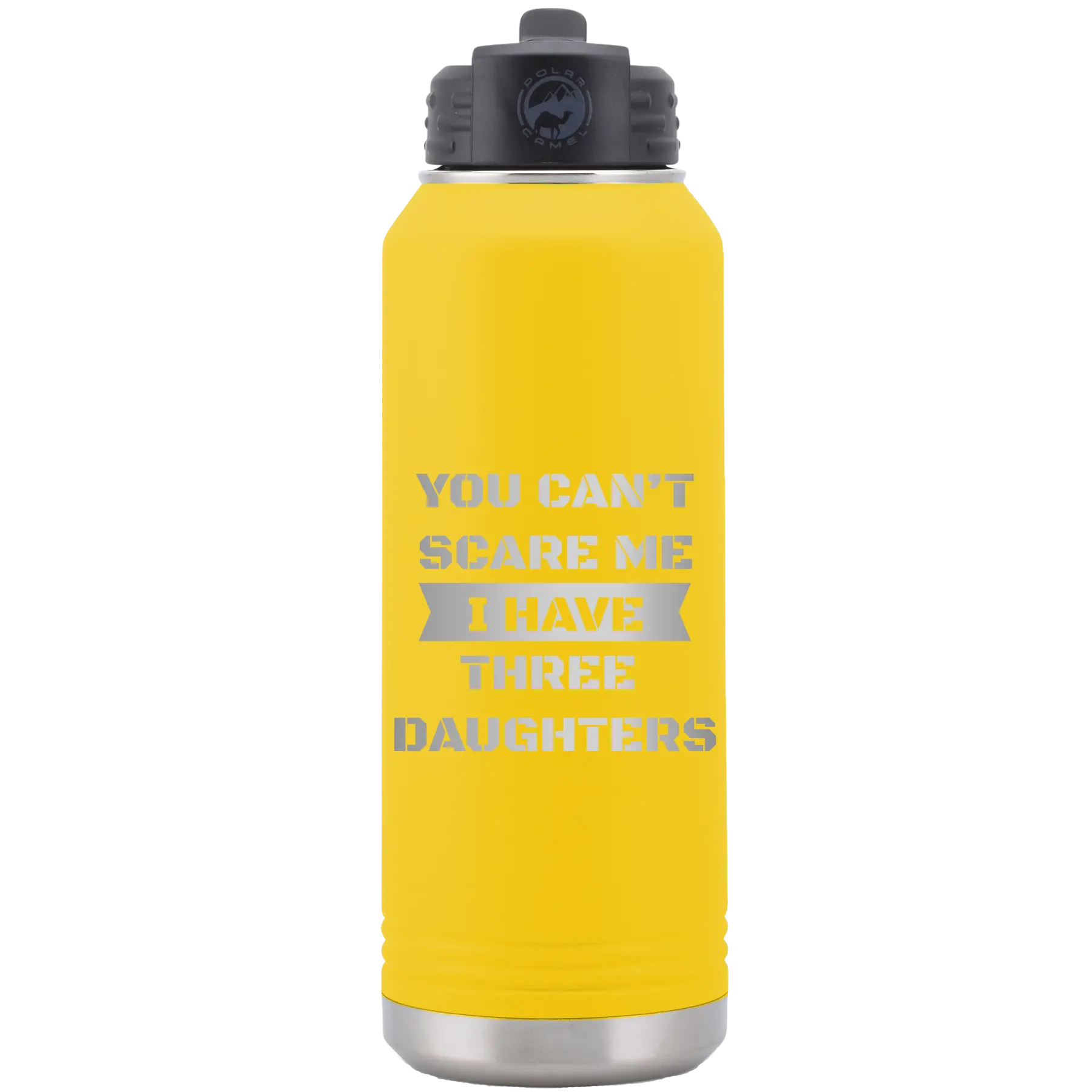 Laser etched yellow 32 oz vacuum insulated water bottle with 'You Cant Scare Me' design