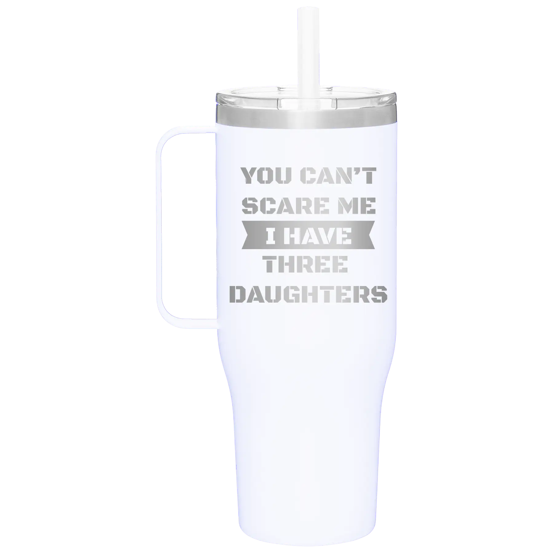 Personalized white 40 oz vacuum insulated tumbler mug with 'You Cant Scare Me' design