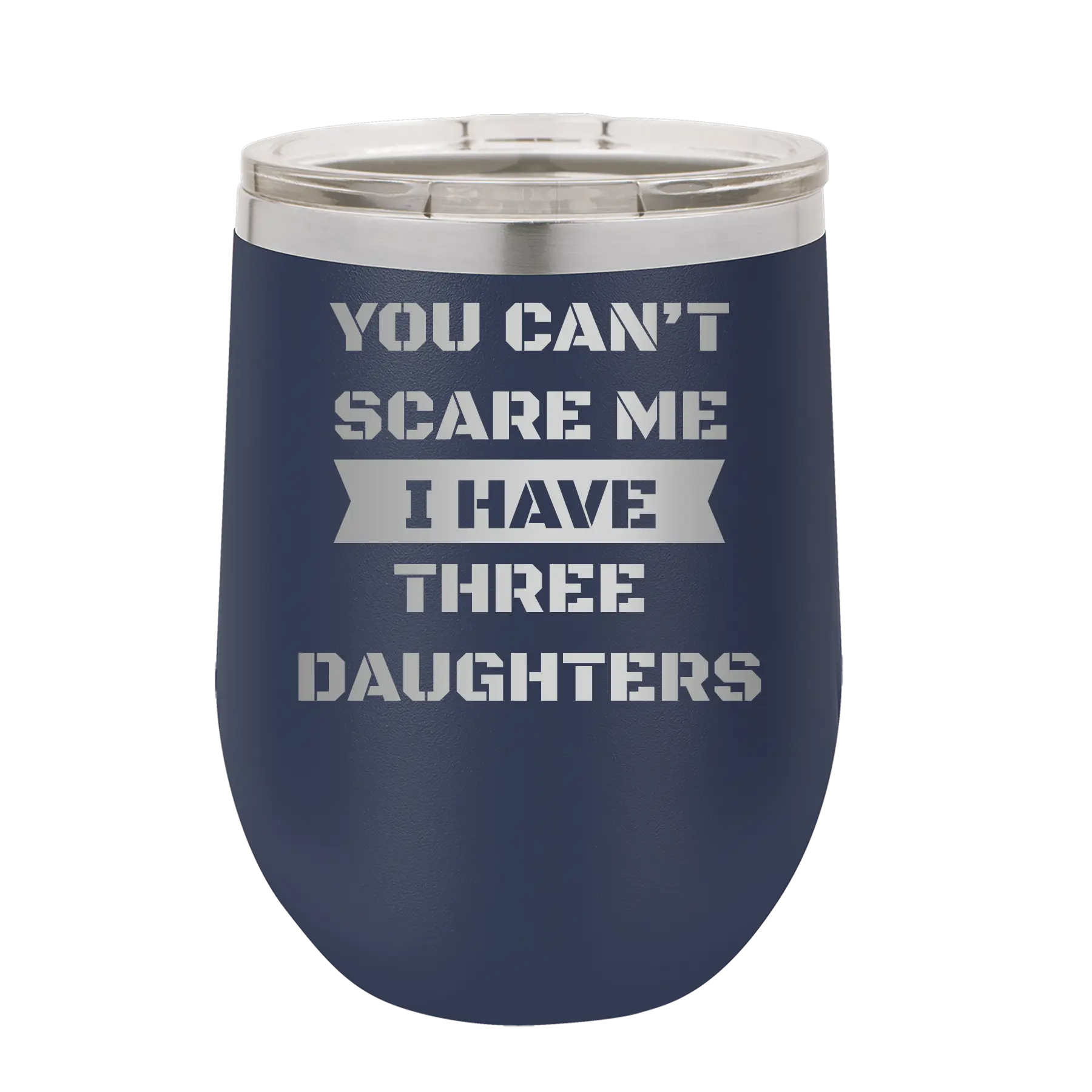 Personalized navy 12 oz vacuum insulated wine cup with etched 'You Cant Scare Me' design