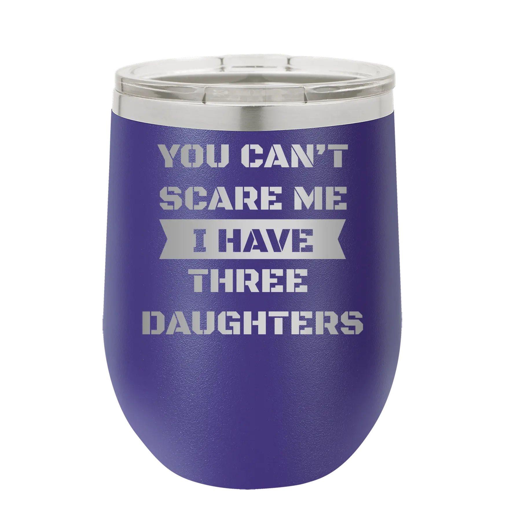 Personalized purple 12 oz vacuum insulated wine cup with etched 'You Cant Scare Me' design