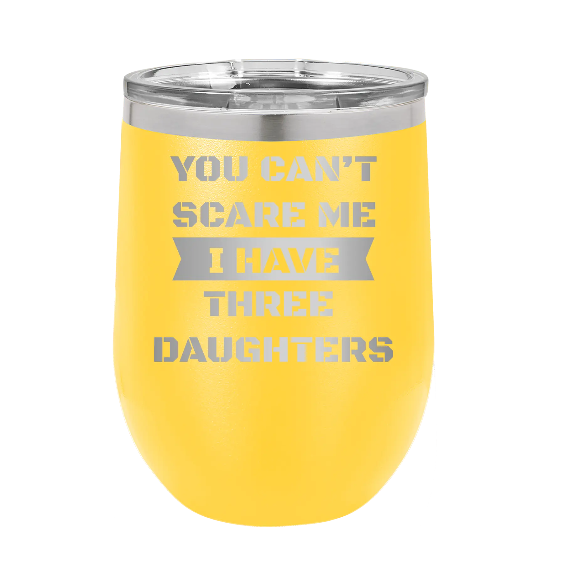 Personalized yellow 12 oz vacuum insulated wine cup with etched 'You Cant Scare Me' design