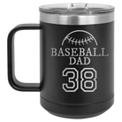 Personalized black 15 oz vacuum insulated coffee mug with etched 'Baseball Dad and Number' design