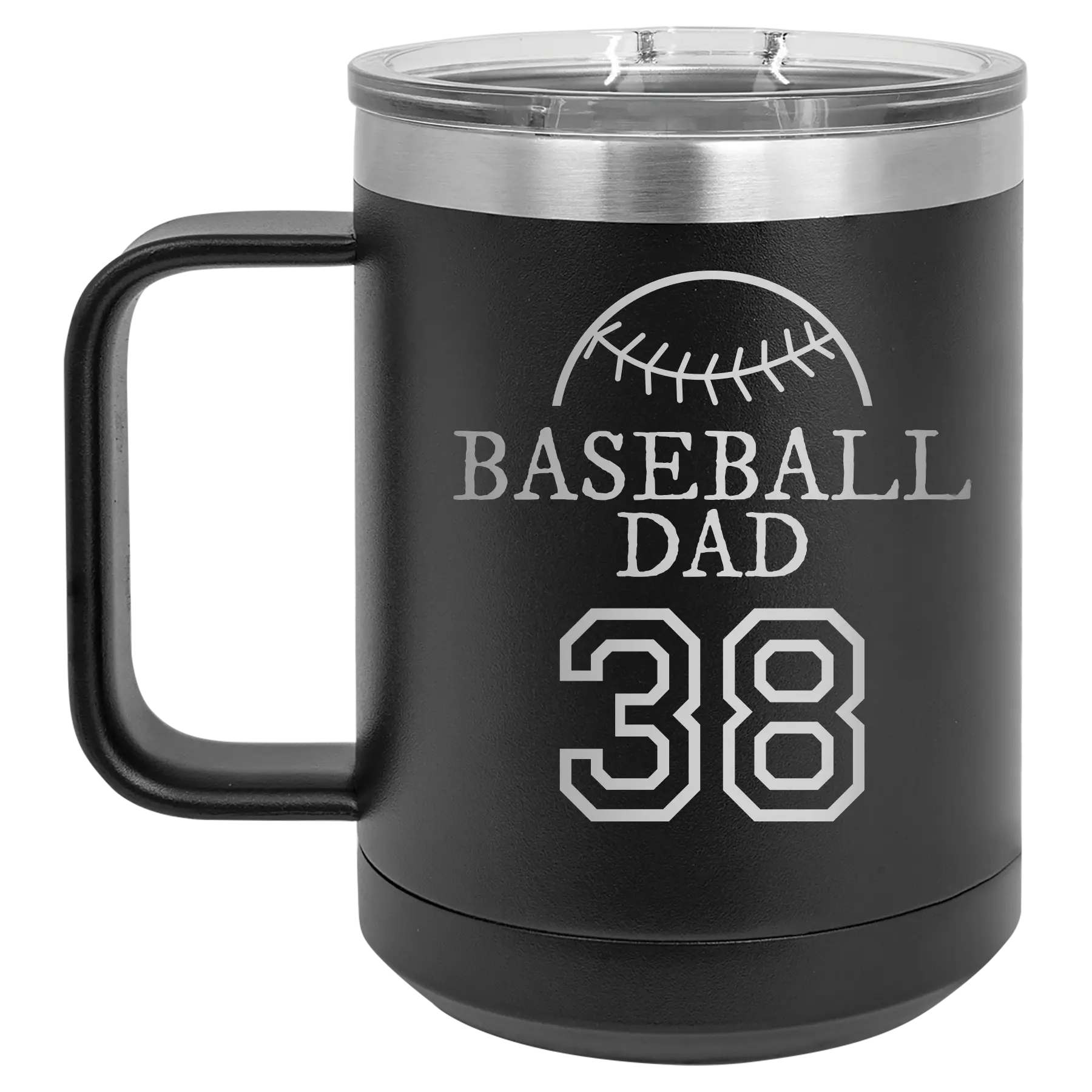 Personalized black 15 oz vacuum insulated coffee mug with etched 'Baseball Dad and Number' design