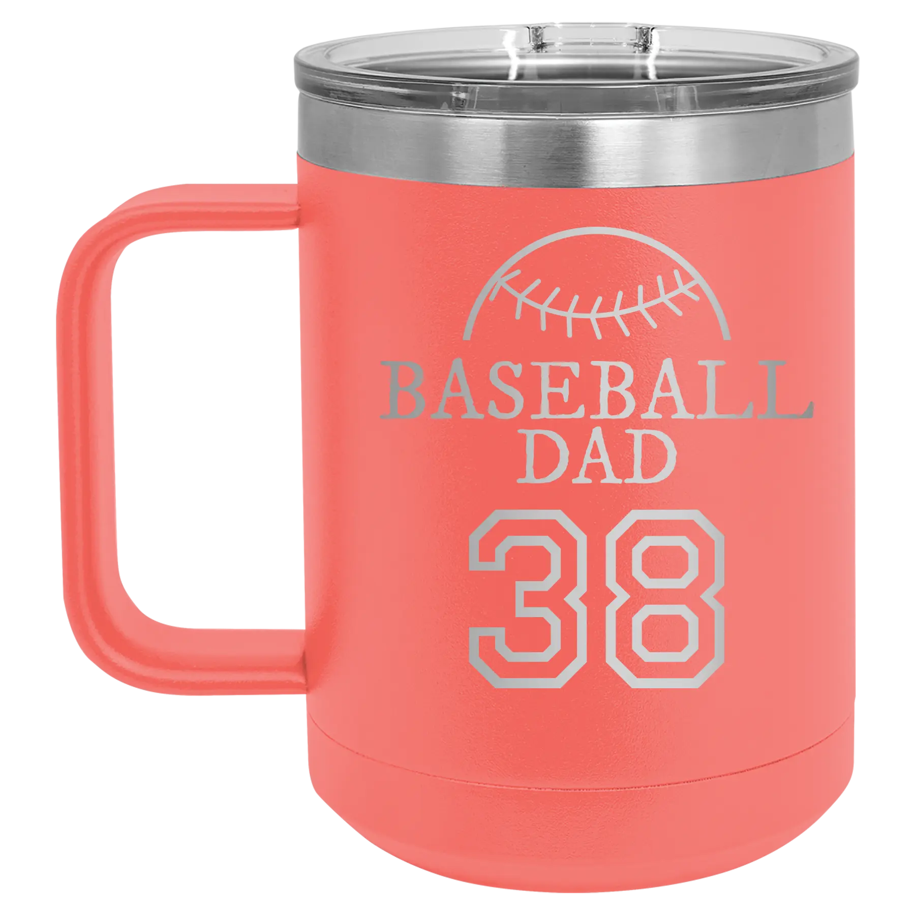 Personalized coral 15 oz vacuum insulated coffee mug with etched 'Baseball Dad and Number' design