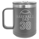 Personalized dark gray 15 oz vacuum insulated coffee mug with etched 'Baseball Dad and Number' design