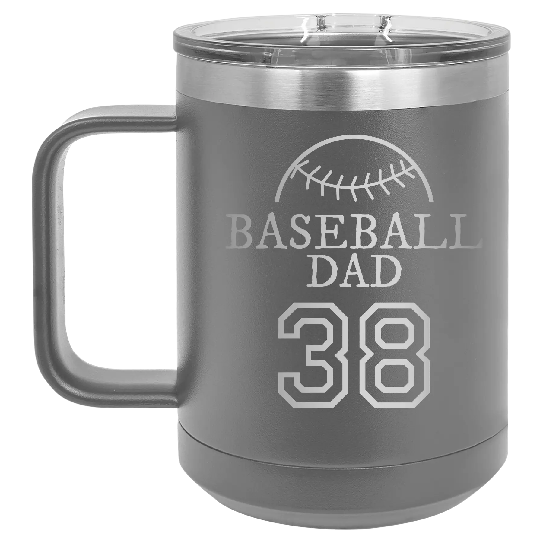 Personalized dark gray 15 oz vacuum insulated coffee mug with etched 'Baseball Dad and Number' design