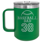 Personalized green 15 oz vacuum insulated coffee mug with etched 'Baseball Dad and Number' design