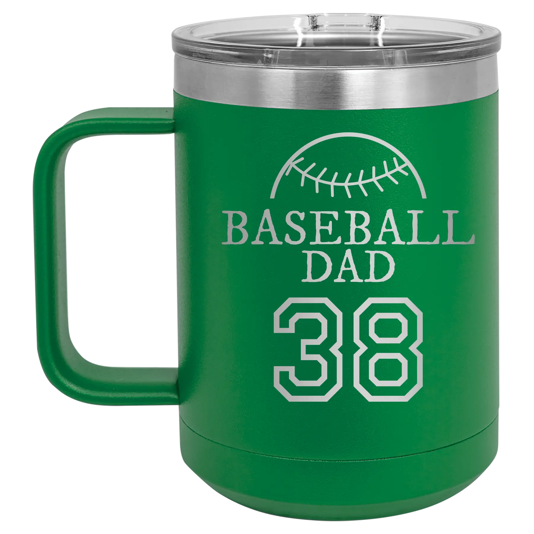Personalized green 15 oz vacuum insulated coffee mug with etched 'Baseball Dad and Number' design