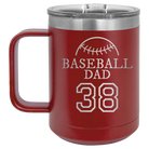 Personalized maroon 15 oz vacuum insulated coffee mug with etched 'Baseball Dad and Number' design