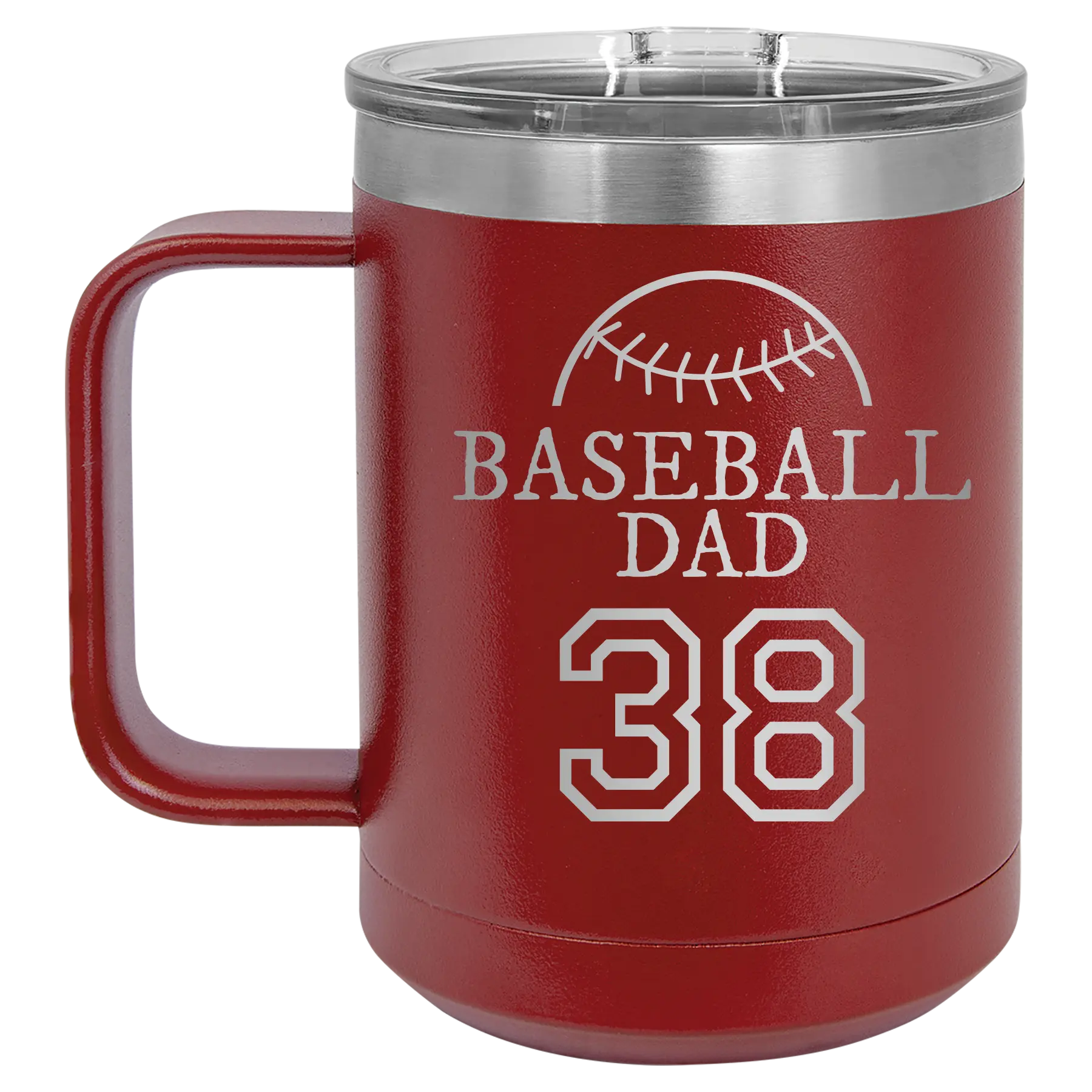 Personalized maroon 15 oz vacuum insulated coffee mug with etched 'Baseball Dad and Number' design