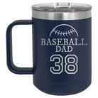 Personalized navy 15 oz vacuum insulated coffee mug with etched 'Baseball Dad and Number' design