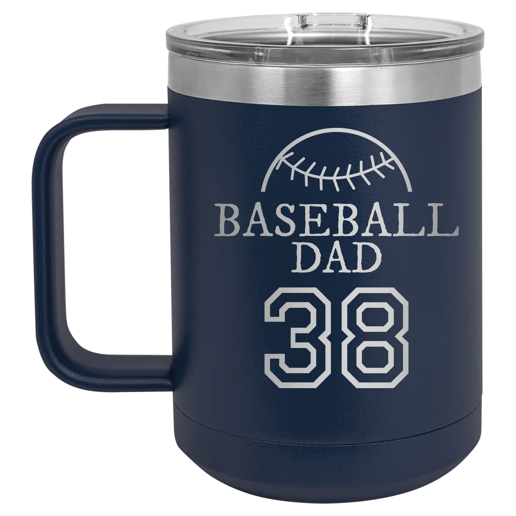 Personalized navy 15 oz vacuum insulated coffee mug with etched 'Baseball Dad and Number' design